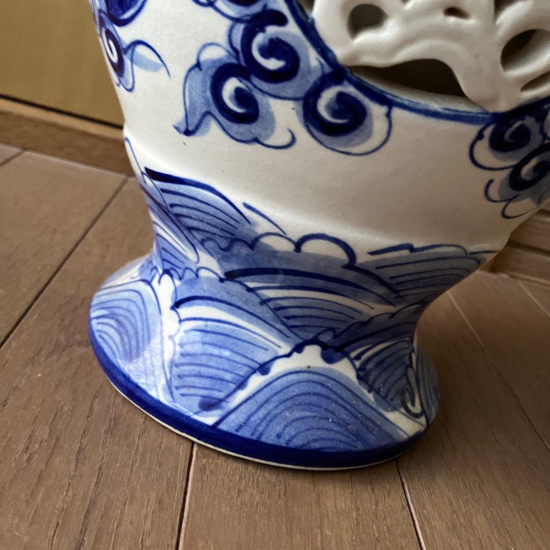 中国　古美術　染付大花瓶　唐物　双耳　透かし彫り　骨董