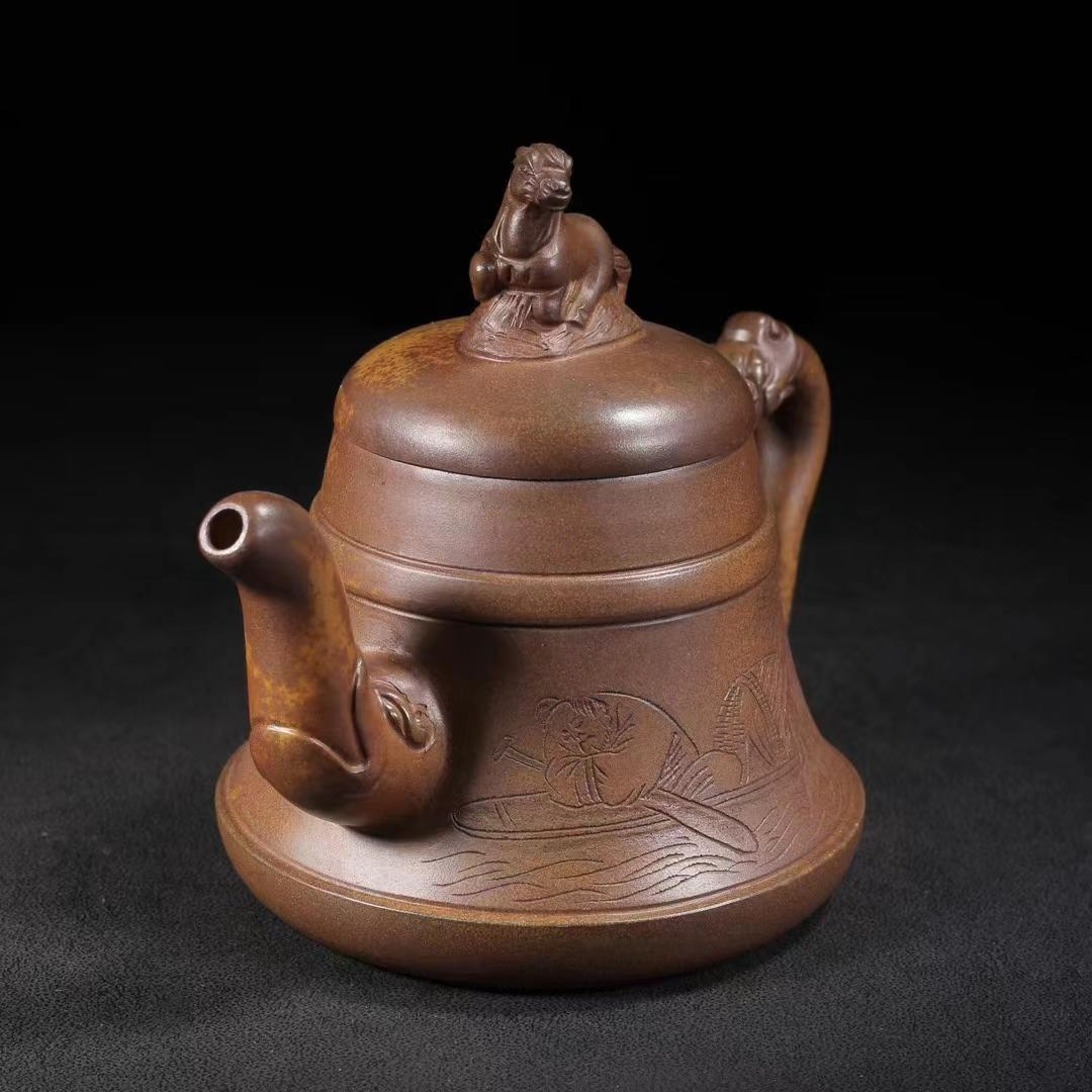 中国古美術・宜興原鉱底槽清泥紫砂壺 龍馬精神・紫砂壺・底款:朱可心紋・朱泥・急須