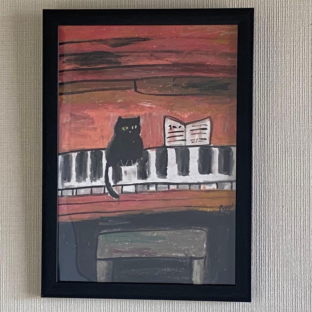 絵画。壁掛け原画【ピンクのピアノ童話とかわいい黒猫】