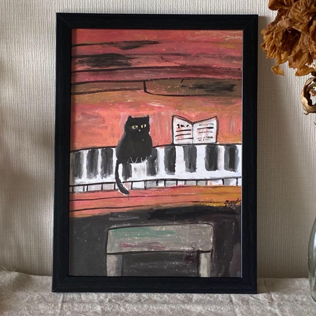 絵画。壁掛け原画【ピンクのピアノ童話とかわいい黒猫】