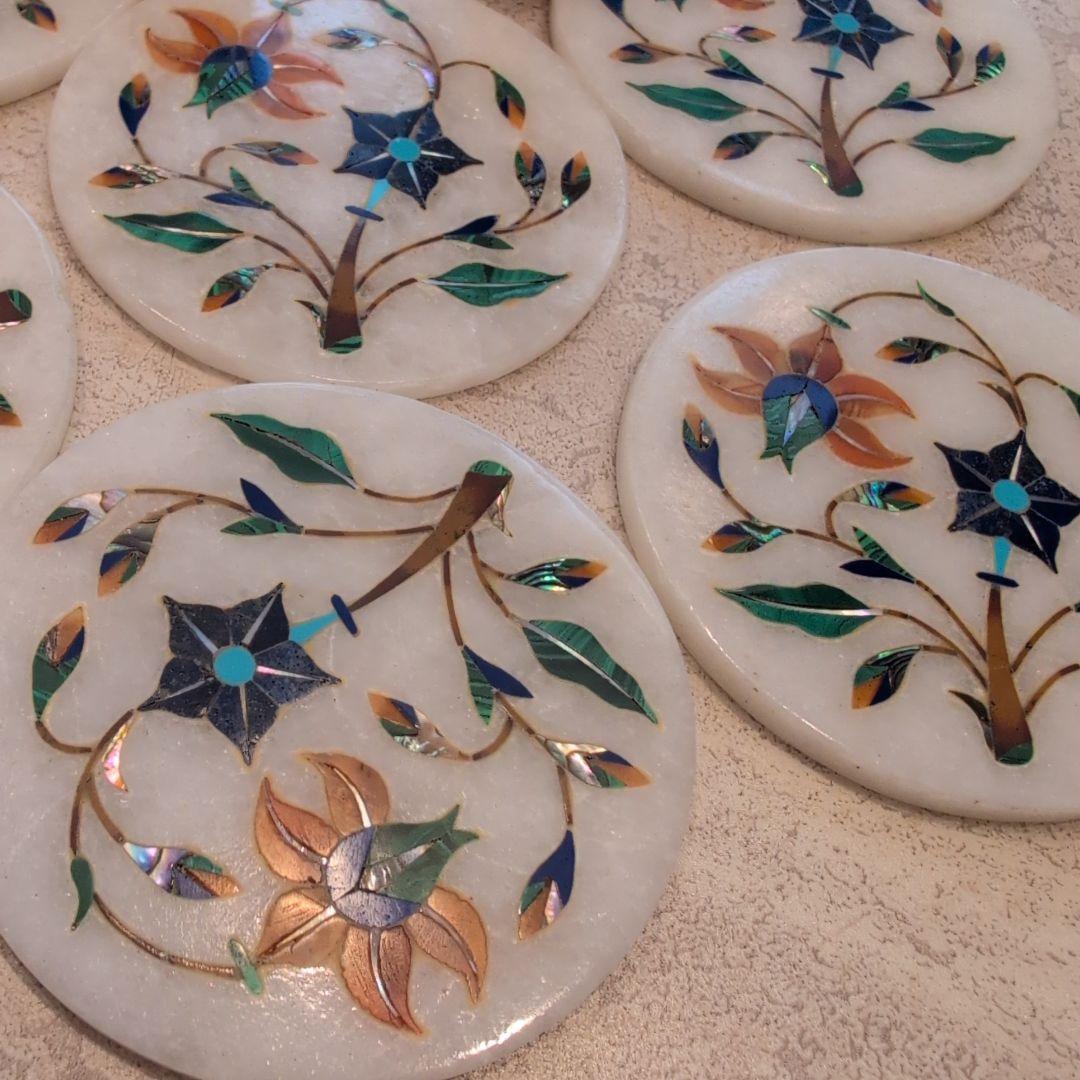 天然石 象嵌細工コースターセット（6枚組） インド ハンドメイド 美術工芸品