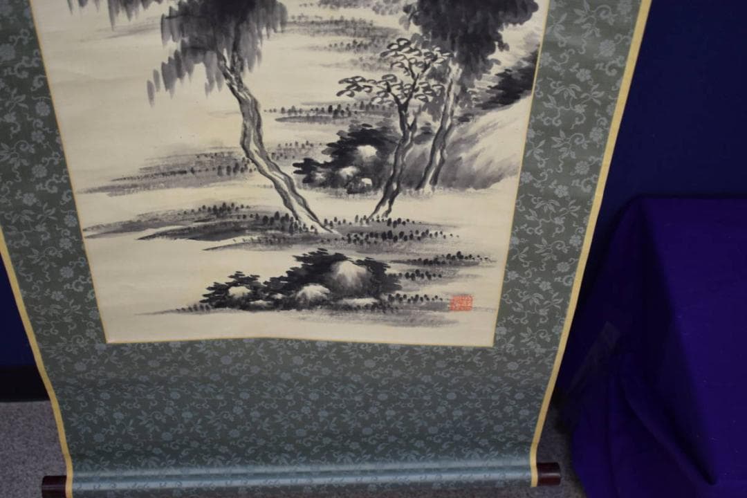 真作/田中柏陰/山水画賛/絹表装/布袋屋掛軸HH-672