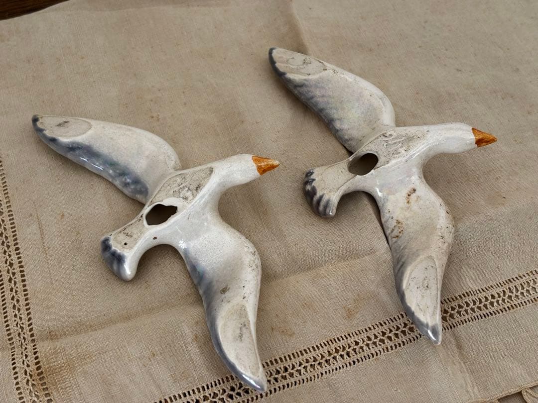 フランス　蚤の市　カモメ　鳥　オーナメント　二羽　ブロカント　陶器製