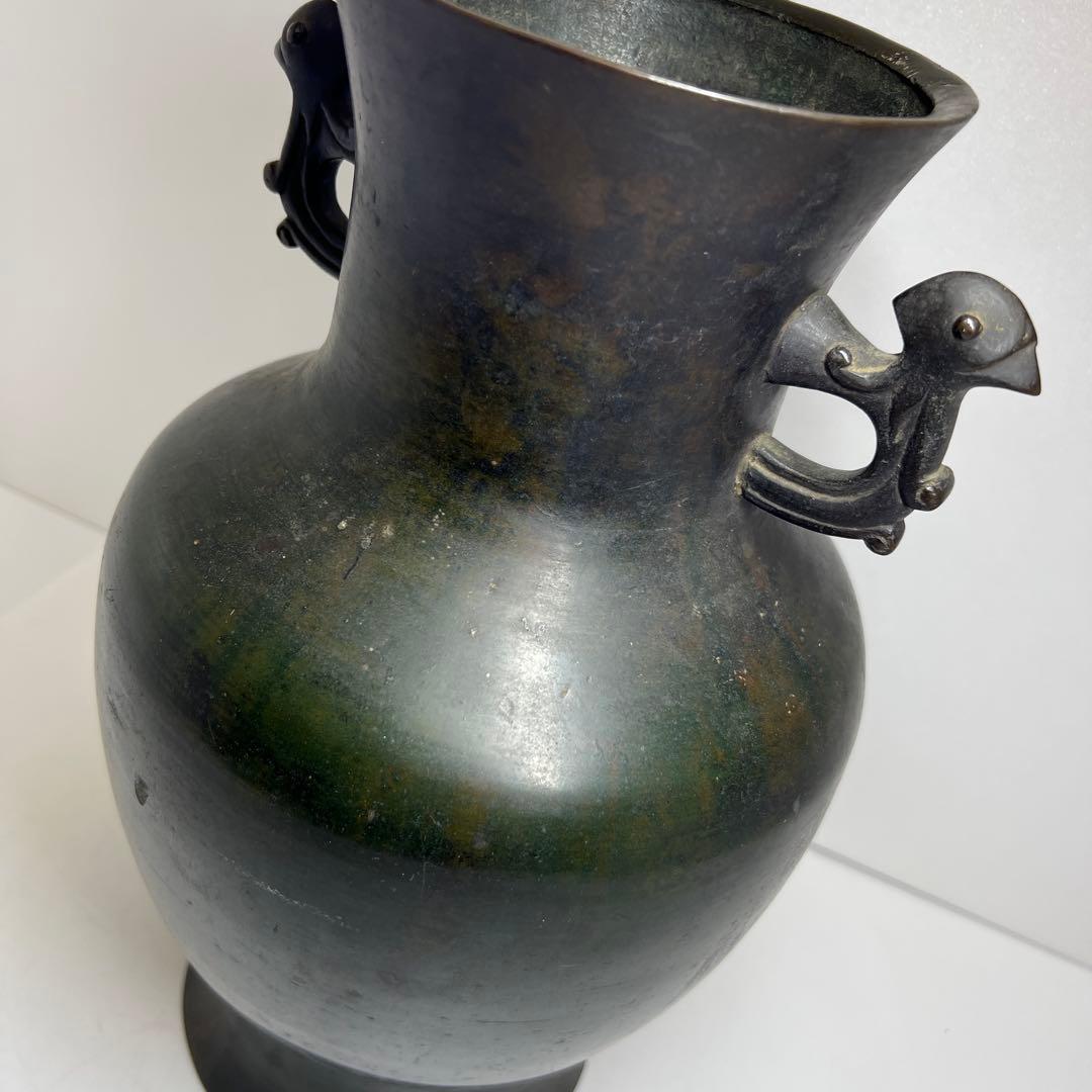 中国清時代　鳥耳付古銅花瓶　高さ約33.5㎝　3462g 東Y7-1106☆2F