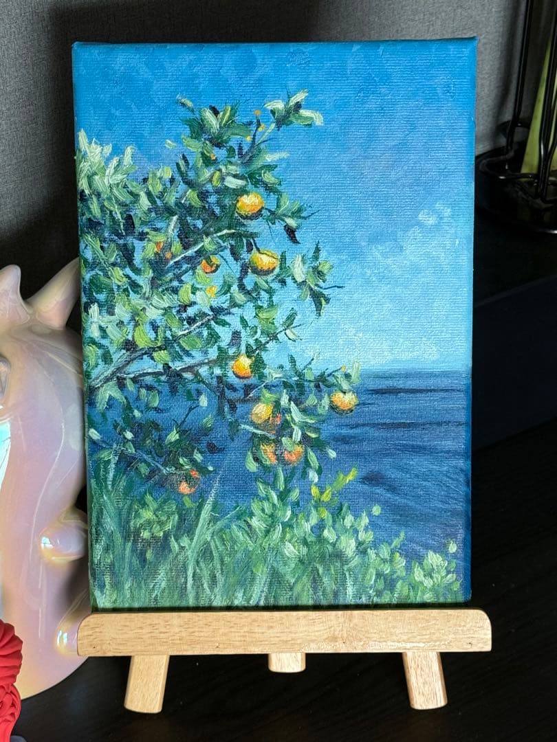 「海辺の蜜柑」　手描き　油絵　風景画　原画　油彩画