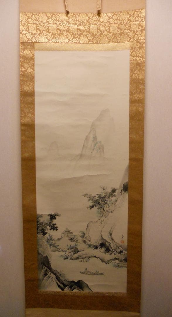 掛け軸 橋本雅邦 江亭帰隠之図 紙本 名品 複製 希少 軸装 茶道具 掛軸 美品