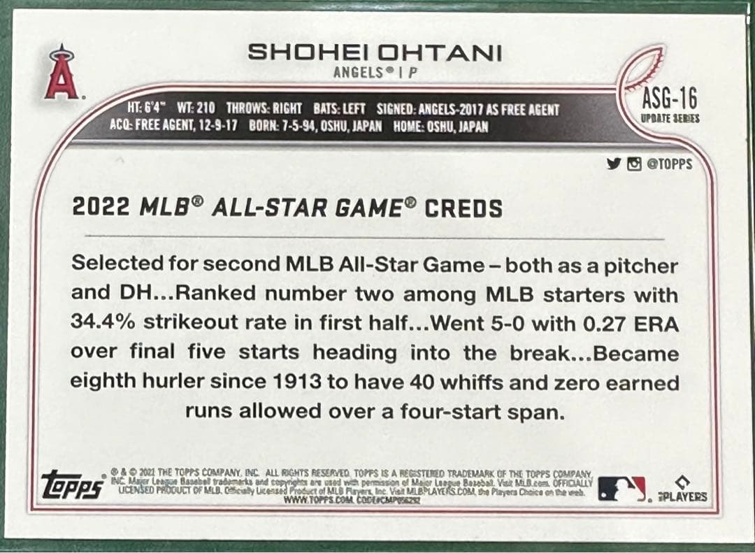 大谷翔平 2022 SSP ALL STAR GAME BLUE #ASG-16