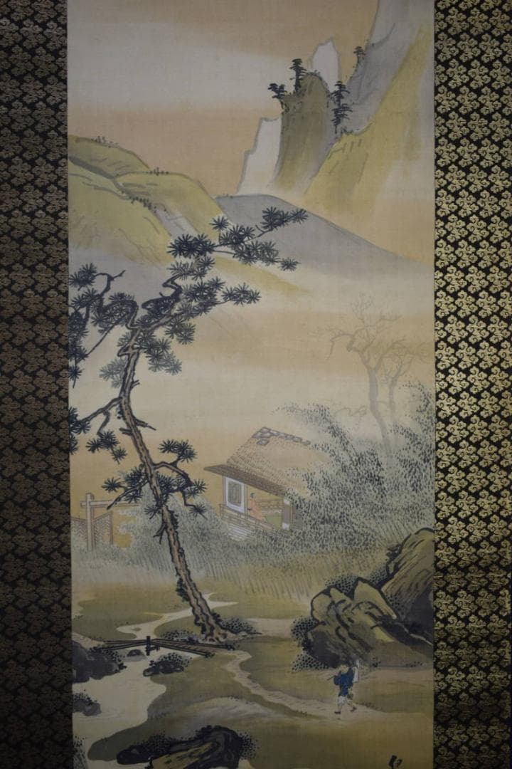 真作/狩野伊川院/人物山水図/三幅/金襴表装/布袋屋掛軸HG-24