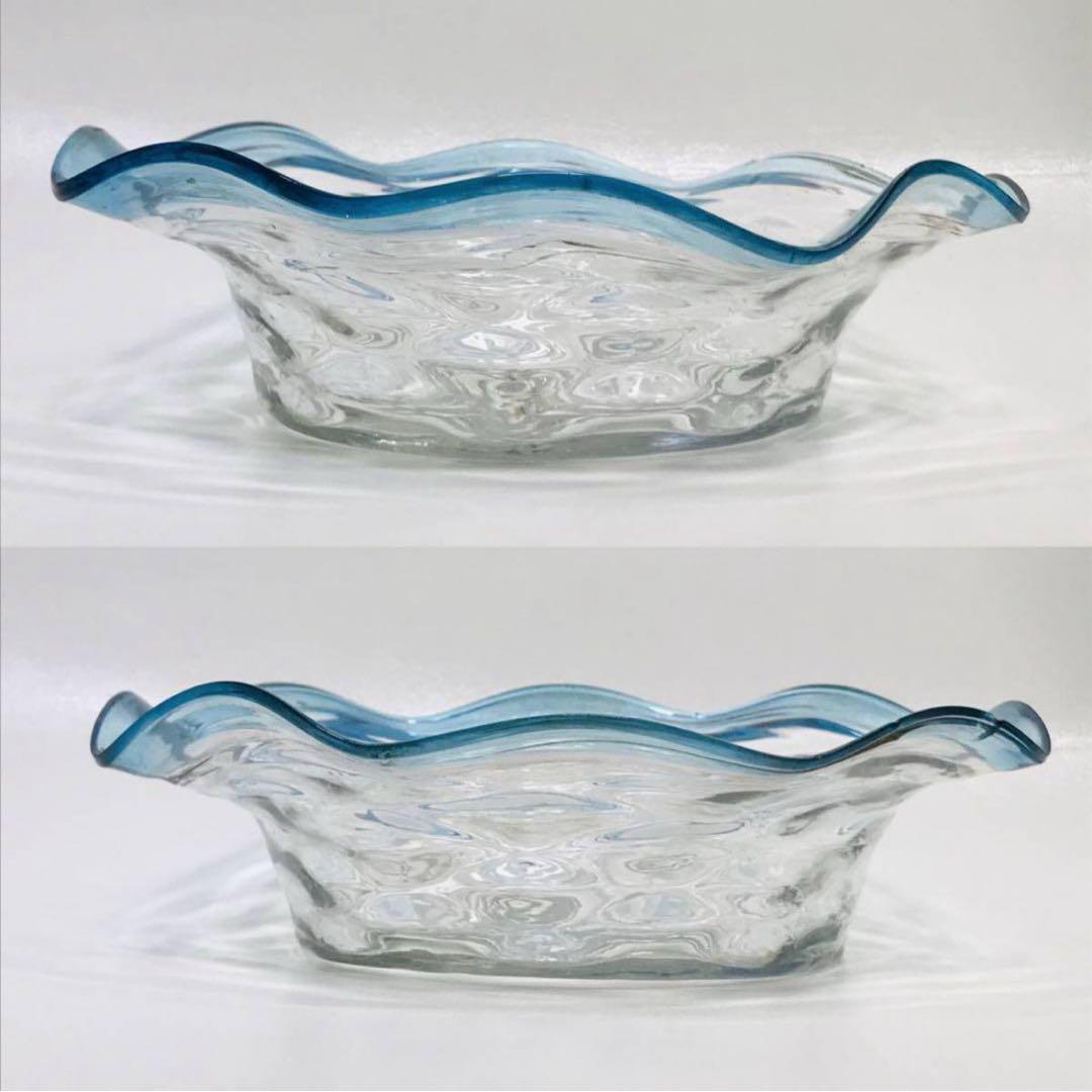 ★明治ガラス/和ガラス！綺麗な青縁鉢/気泡ガラス/氷ガラス★