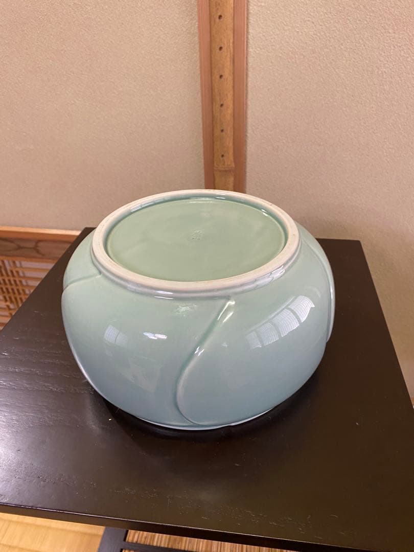 茶道具/水指 加藤藤山『捻梅』青磁 塗蓋　共箱