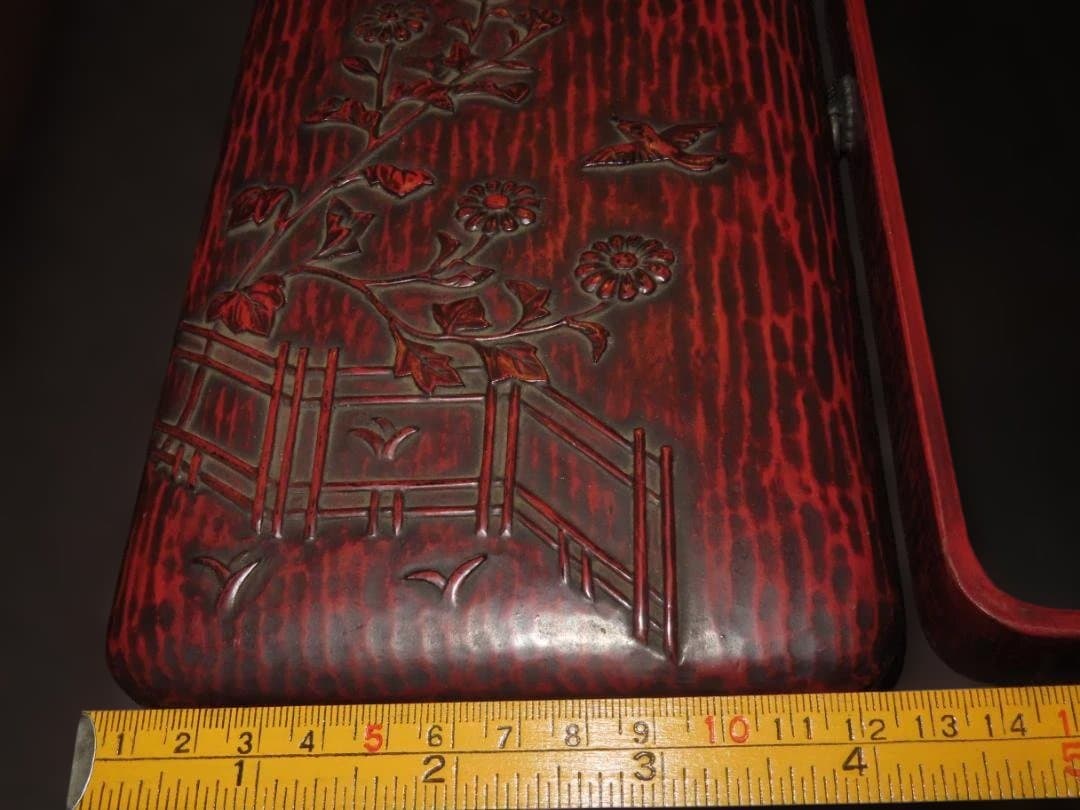 時代漆工芸【寸松堂 佐藤宗岳 造】共箱附・花鳥図　鎌倉彫文箱・蓋物 伝統工芸