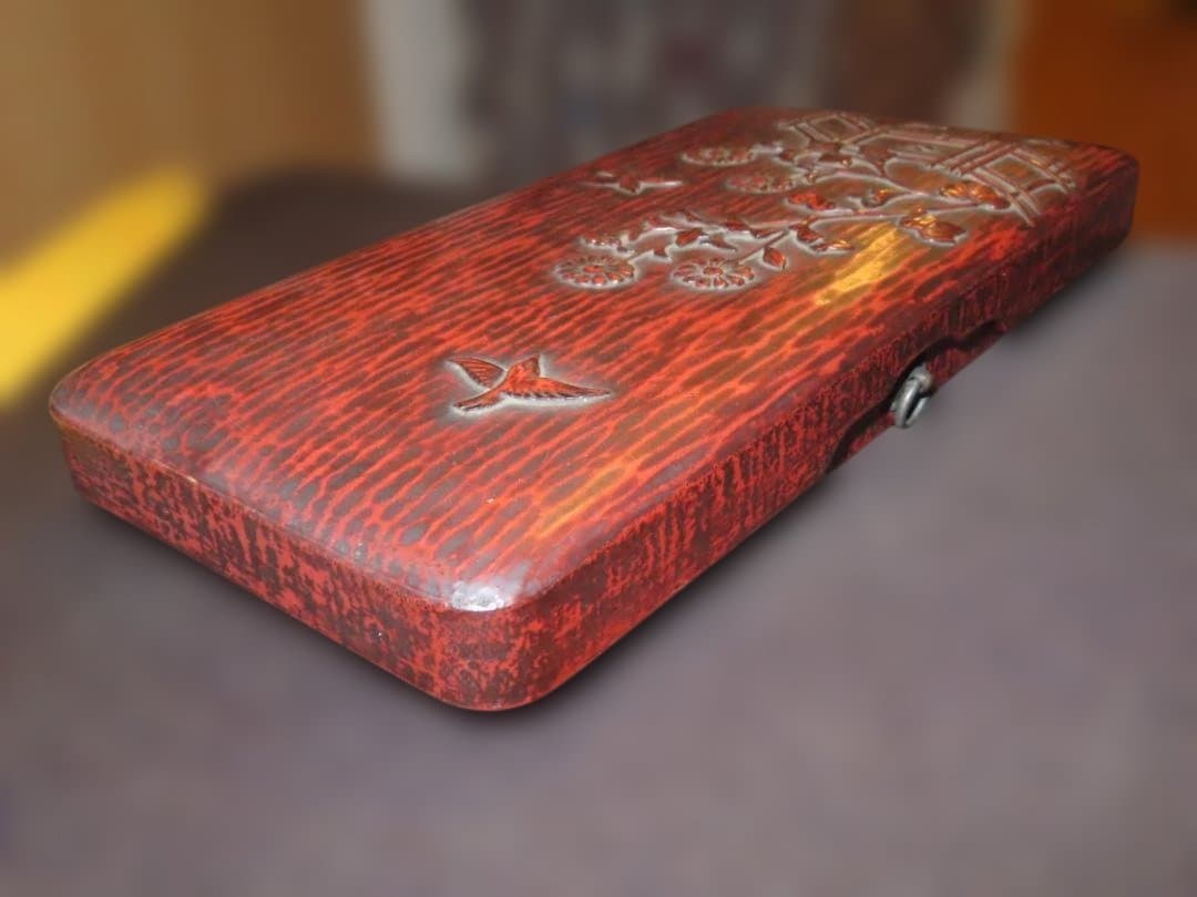 時代漆工芸【寸松堂 佐藤宗岳 造】共箱附・花鳥図　鎌倉彫文箱・蓋物 伝統工芸