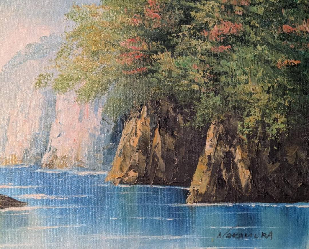 【真作】絵画　油彩　峡谷の清流　雄大な自然　迫力ある風景アート　Z28