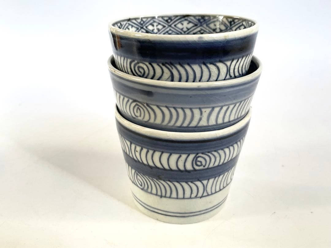 骨董　古伊万里　アンティーク　染付　観世水　馬の目　蕎麦猪口　3点　甘手