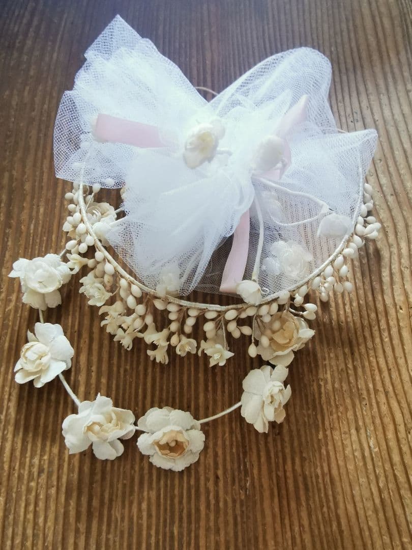 アンティーク ワックスフラワー＆布花冠ティアラ 薔薇ブーケ ブライダル３点セット