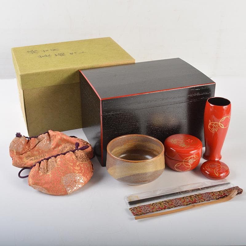 茶道具　黒面朱　利休茶箱　茶碗　継ぎ七宝蒔絵　棗など　六点一式　V　R7231