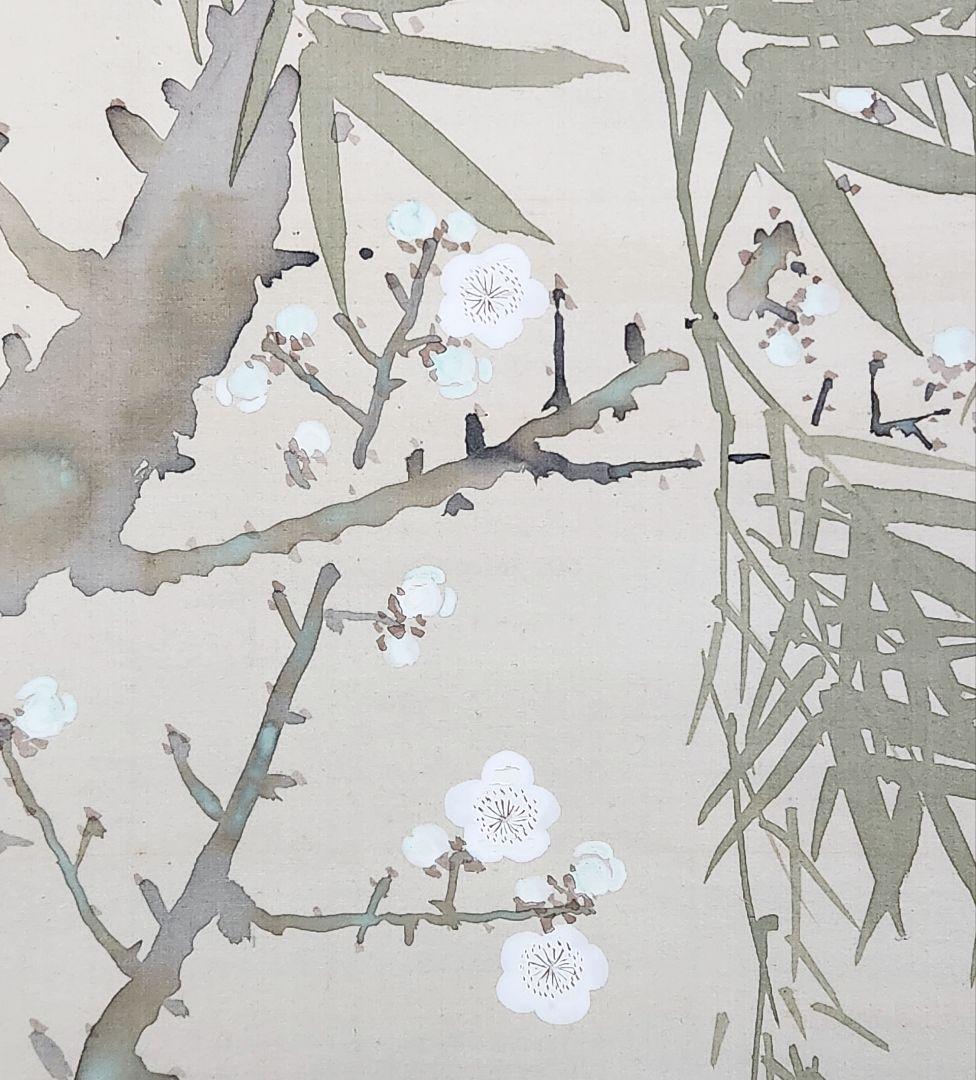 【笹桃に雀図】五島耕畝 2698 掛け軸 肉筆