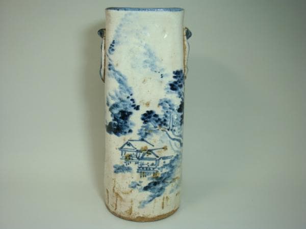 花瓶■青木木米「聾米造」江戸期（徳川時代）古い染付筒花器山郷山水 時代 骨董■