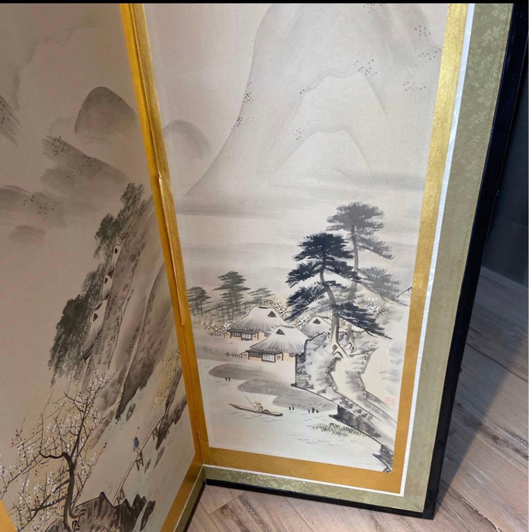 山水画 屏風 花柄裏面