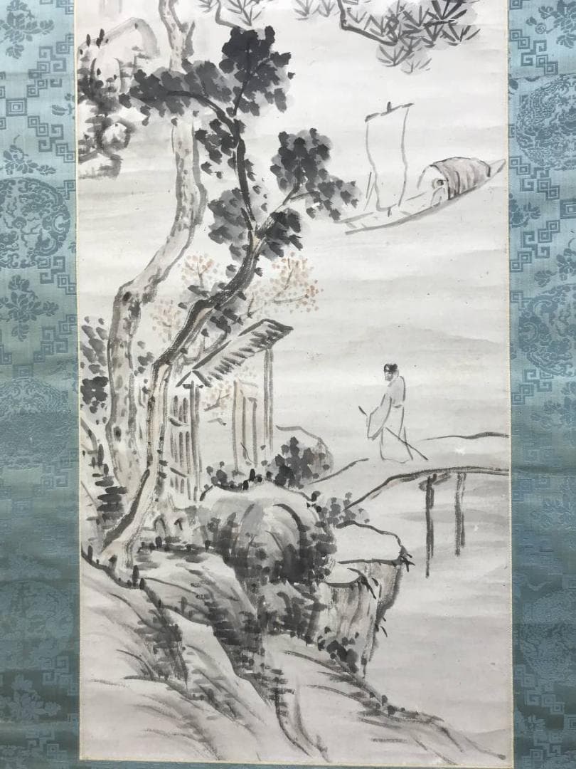 真作/長町竹石/山水人物図/秋江帰帆/山水図/帆船図/掛軸/名家伝来AE-401