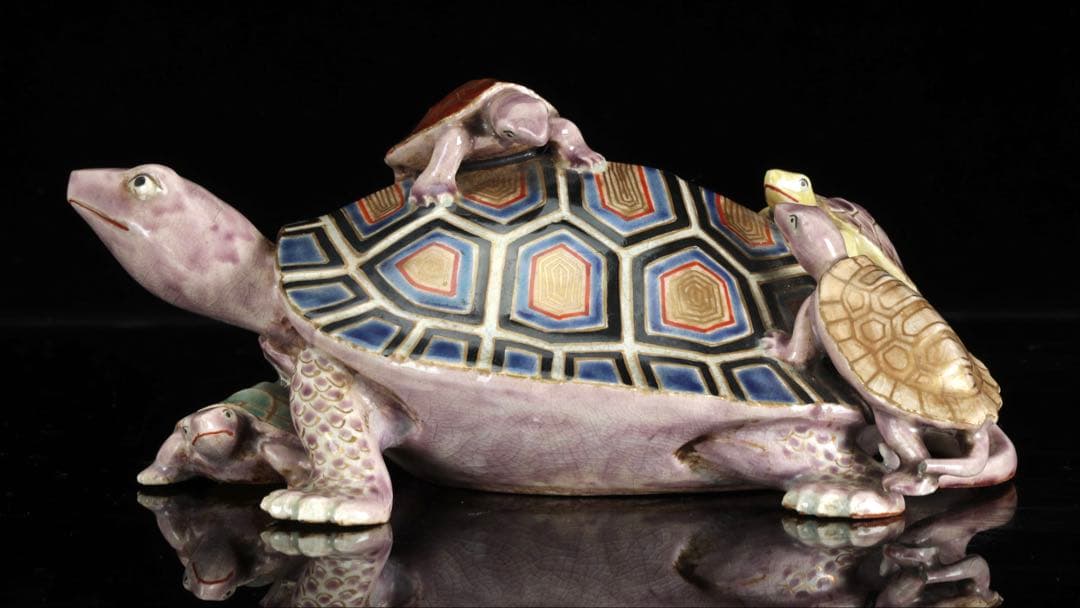 野々村仁清 在銘 色絵親子亀置物 共箱 京焼 細密造形 縁起物 古美術 骨董品