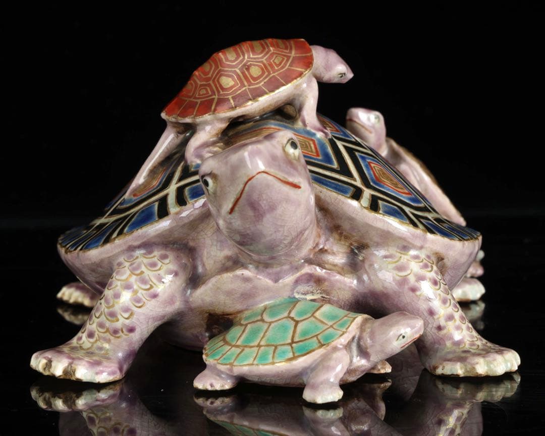 野々村仁清 在銘 色絵親子亀置物 共箱 京焼 細密造形 縁起物 古美術 骨董品