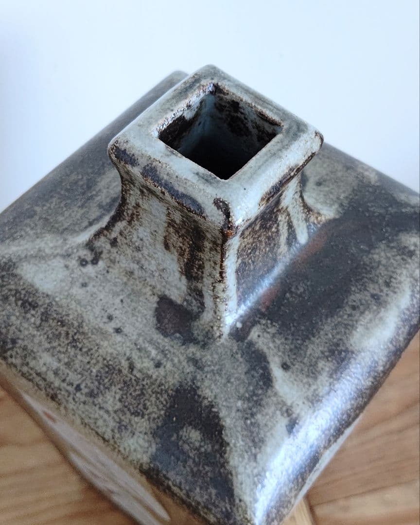 明石庄作 濱田庄司の弟子 赤絵花瓶 益子焼 角瓶 民芸 民藝