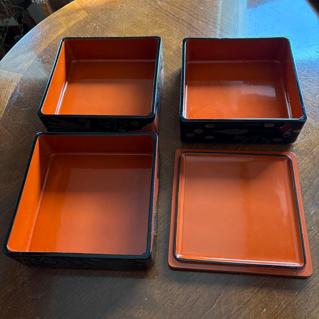 本漆会津塗　「錦絵文」　三段重箱　花柄 鶴 黒