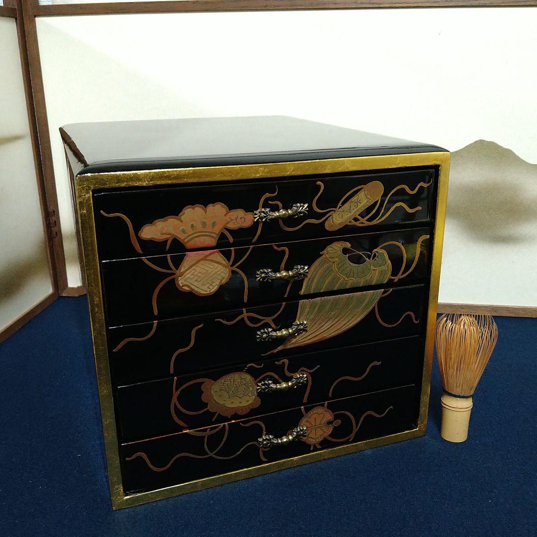 A846 輪島塗 蒔絵 五段引き出し 小箪笥 黒漆箱 仏具 経箱 五帖 経箱