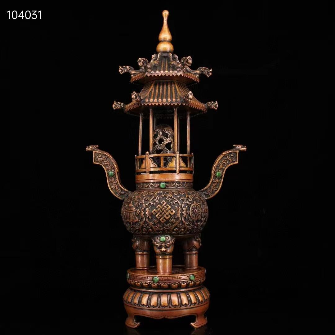中国古美術·純銅製·純手作り·宝石をはめ込み塔形香炉·風水鎮宅·置物·細密彫