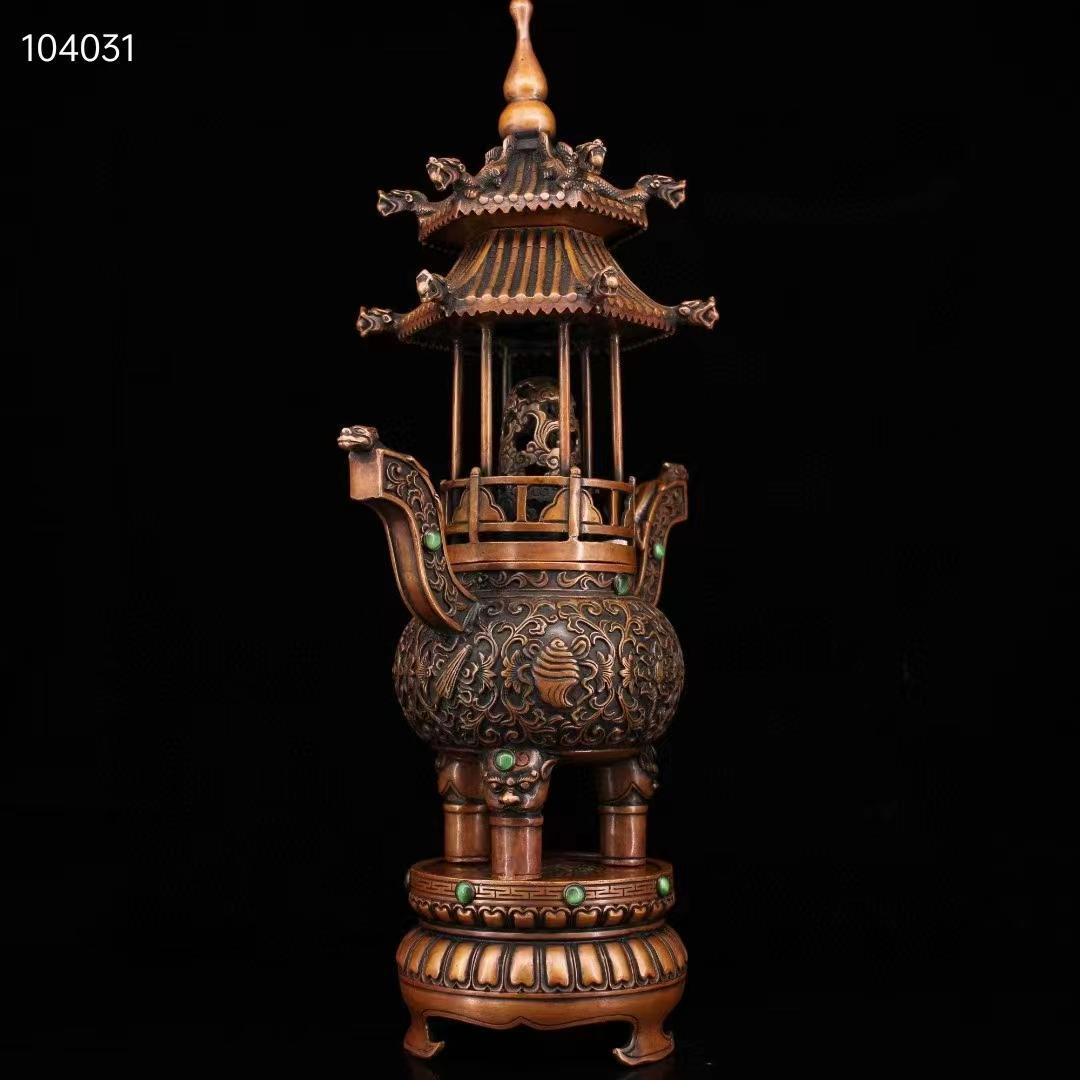 中国古美術·純銅製·純手作り·宝石をはめ込み塔形香炉·風水鎮宅·置物·細密彫