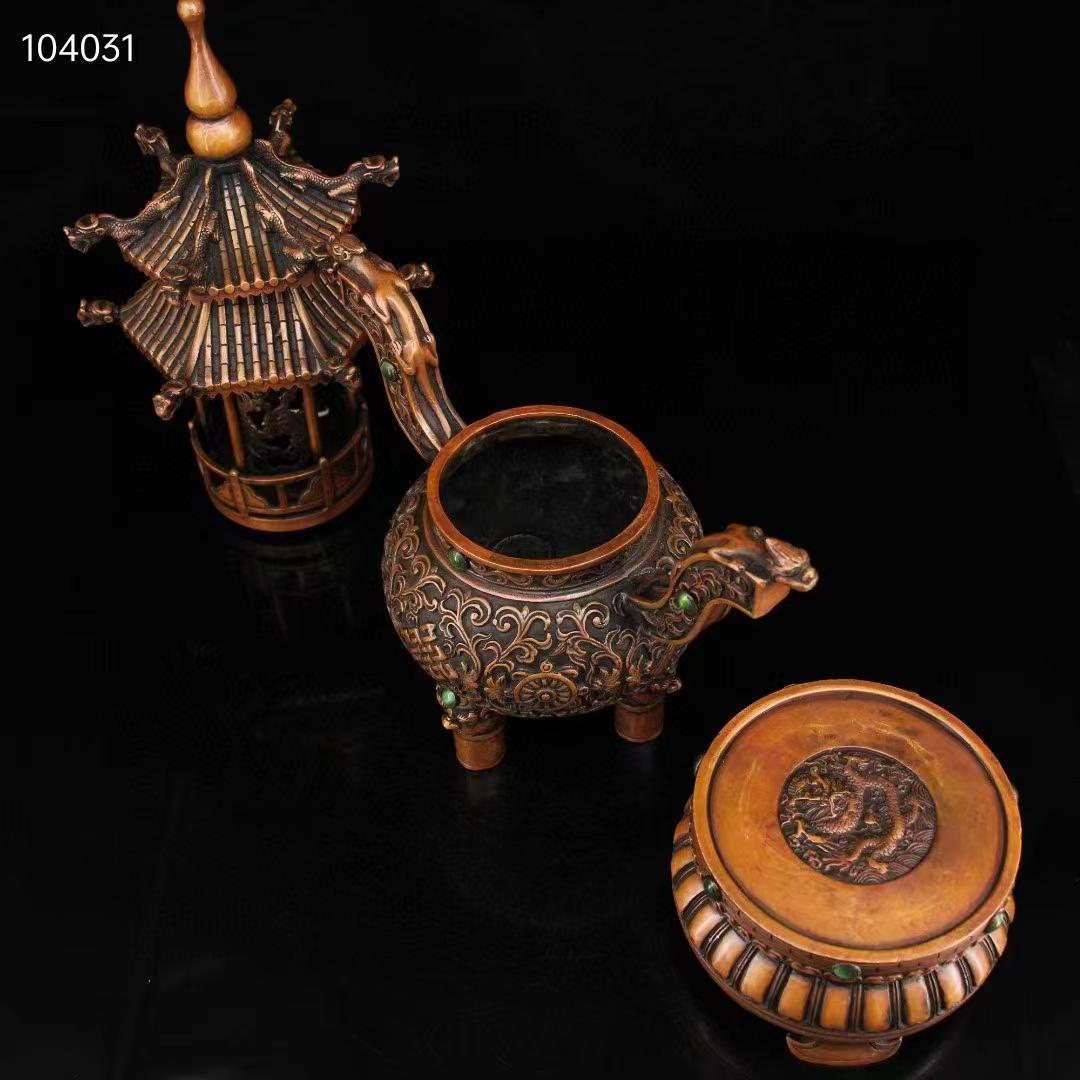 中国古美術·純銅製·純手作り·宝石をはめ込み塔形香炉·風水鎮宅·置物·細密彫