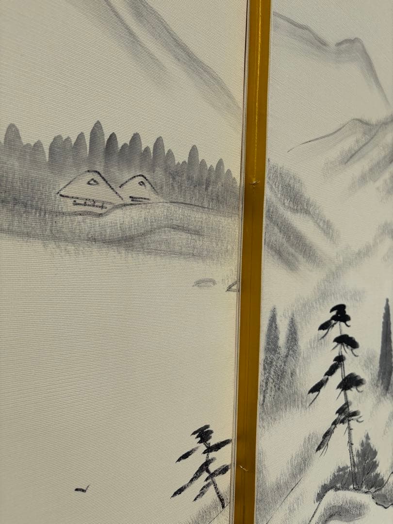 【秀峰銘】山水図屏風 風景図約259×116㎝ 金紙 片面 六曲 屏風 日本画