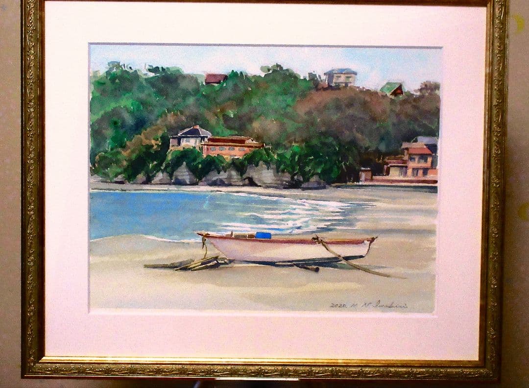 水彩画 海辺のボート 2020年作 額縁付き F6サイズ