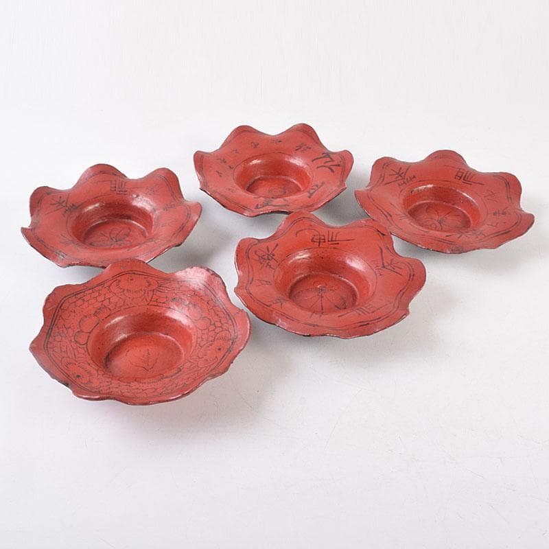 煎茶道具　唐物　朱塗　漢詩蝶文　花形茶托　五客　V　R8888