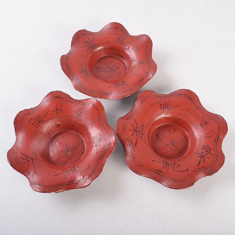 煎茶道具　唐物　朱塗　漢詩蝶文　花形茶托　五客　V　R8888