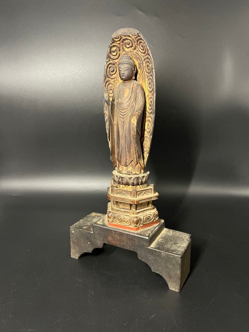 江戸時代後期 木彫 阿弥陀如来立像 仏像 舟形光背 古仏 仏教美術◎ 古美術庵々