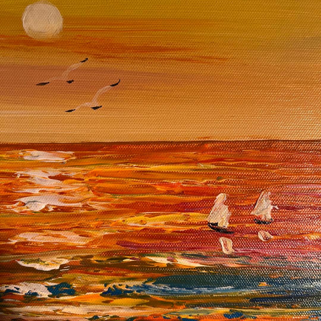 手描き油絵 sun set夕陽 額付 インテリア 油彩画 肉筆絵画