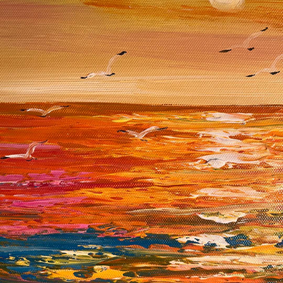 手描き油絵 sun set夕陽 額付 インテリア 油彩画 肉筆絵画