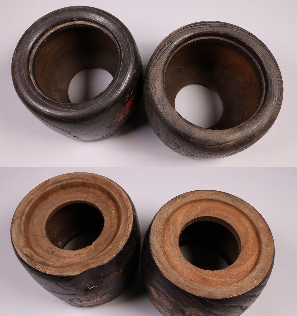 古い 桐火鉢一対 菊蒔絵 小さめ 手あぶり 6.5号 高さ15.3cm【MB30