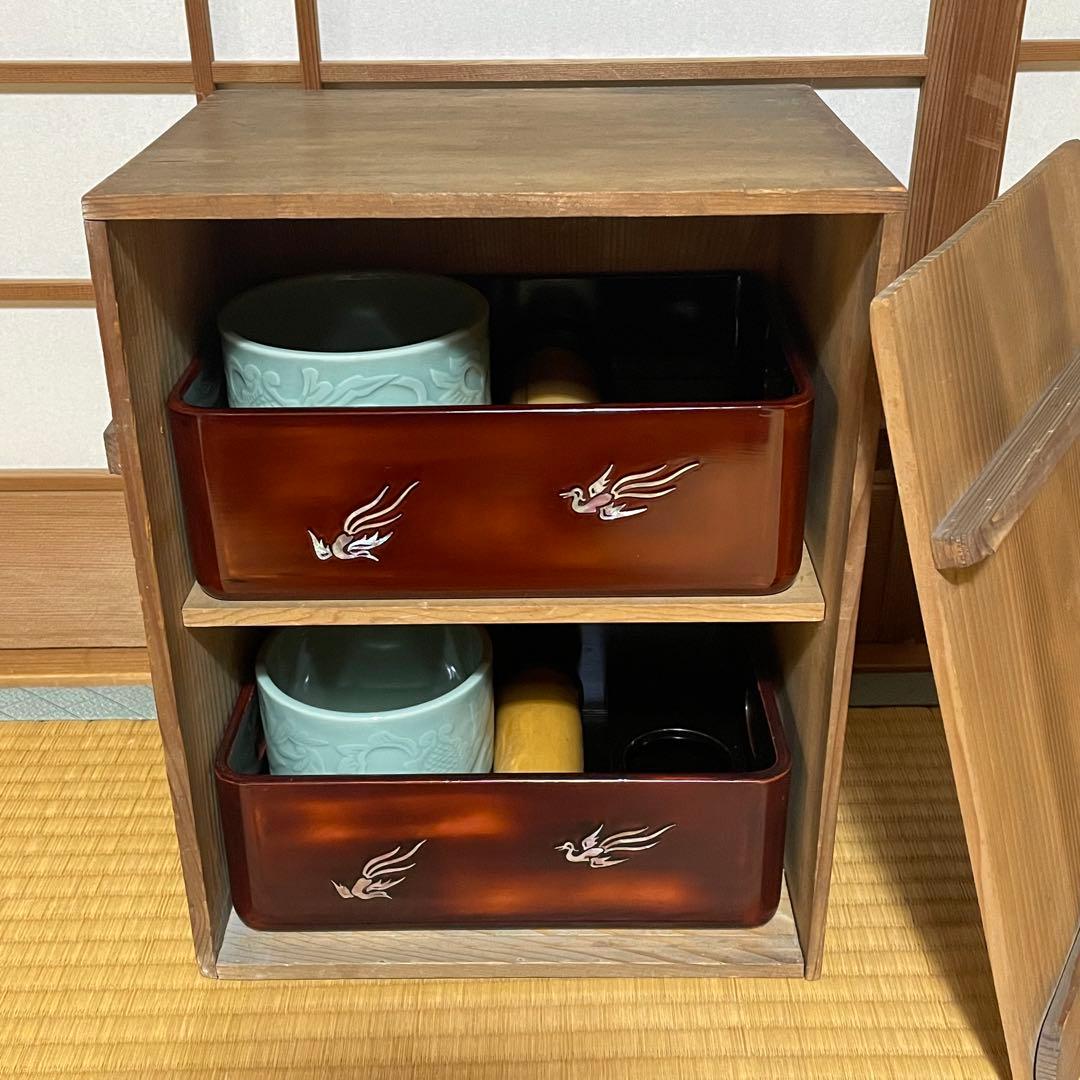 煙草盆　鳳凰　螺鈿　漆塗　タバコ盆　灰吹　昭和アンティーク　盆　青磁火入　竹灰吹