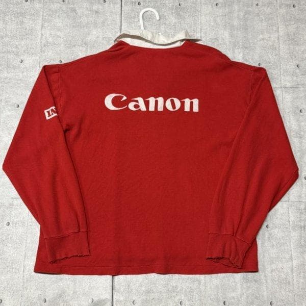 80s 当時物 CANON ラガーシャツ 襟付き ロンT 両面プリント キャノン