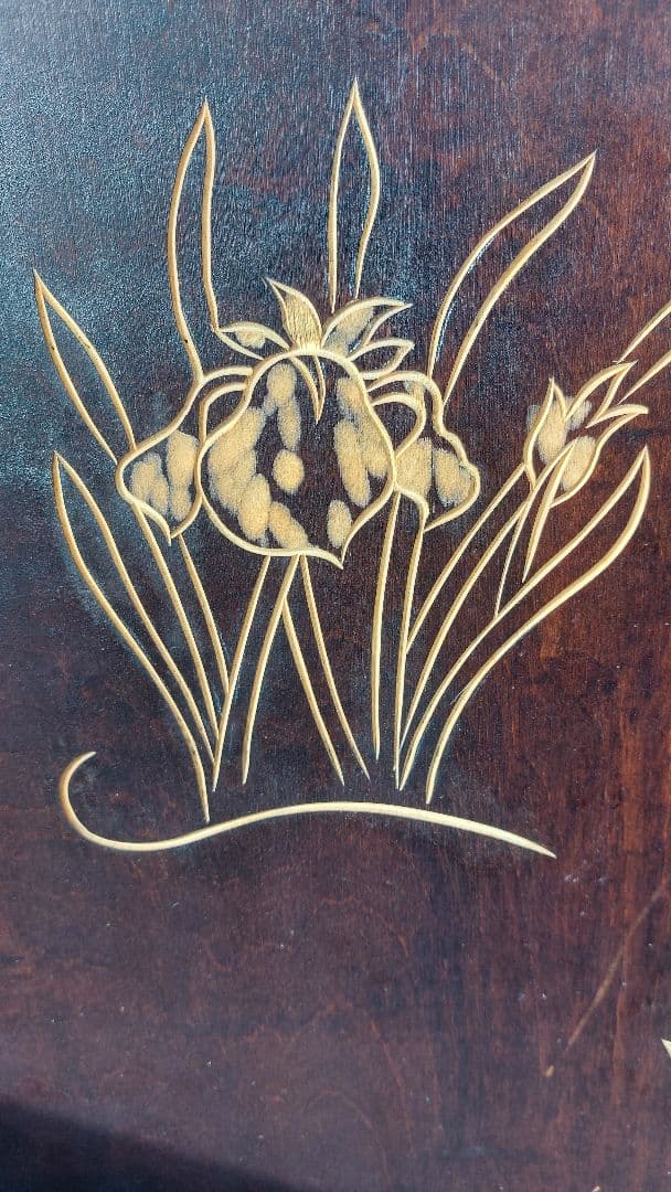 ★骨董品　アンティーク木製衣桁 花模様装飾　古民具 あやめ 折りたたみ式屏風3