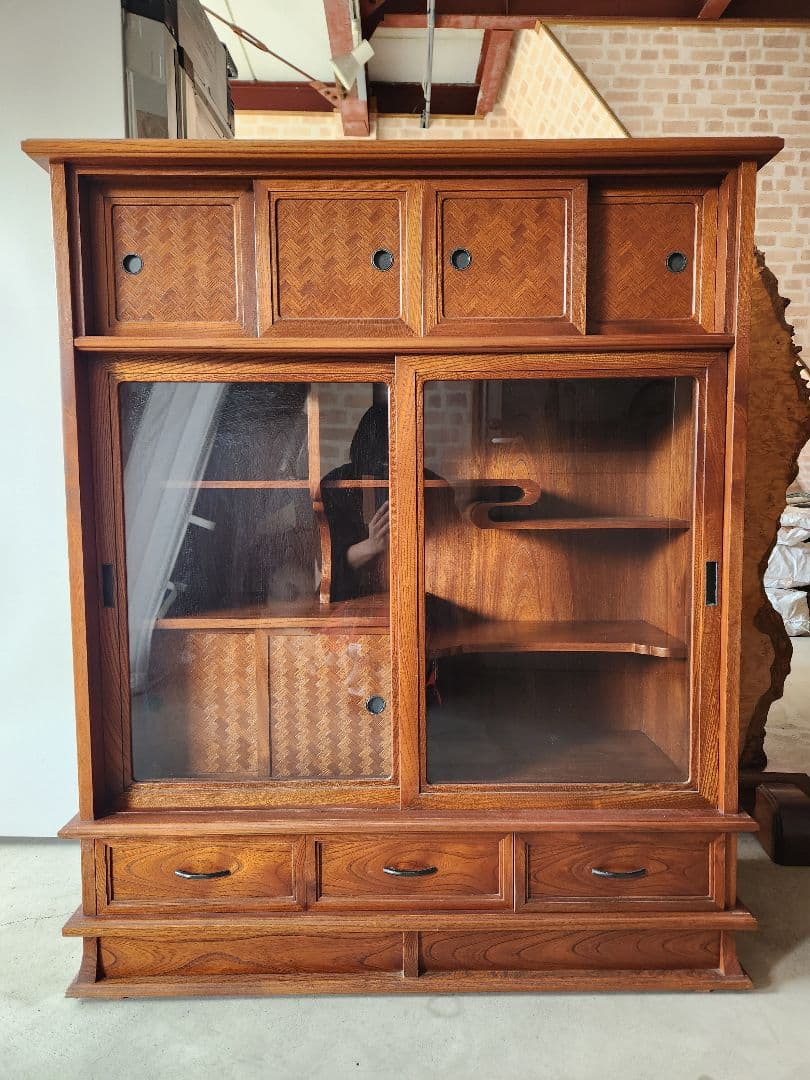 欅　あじろ茶棚　茶箪笥　和風収納棚 ガラス扉付き　アンティーク風昭和レトロ