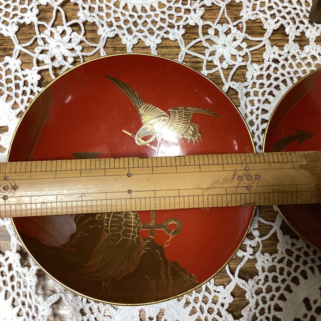 k2f14 赤色漆器 3枚セット 鶴と亀と日章旗のデザイン