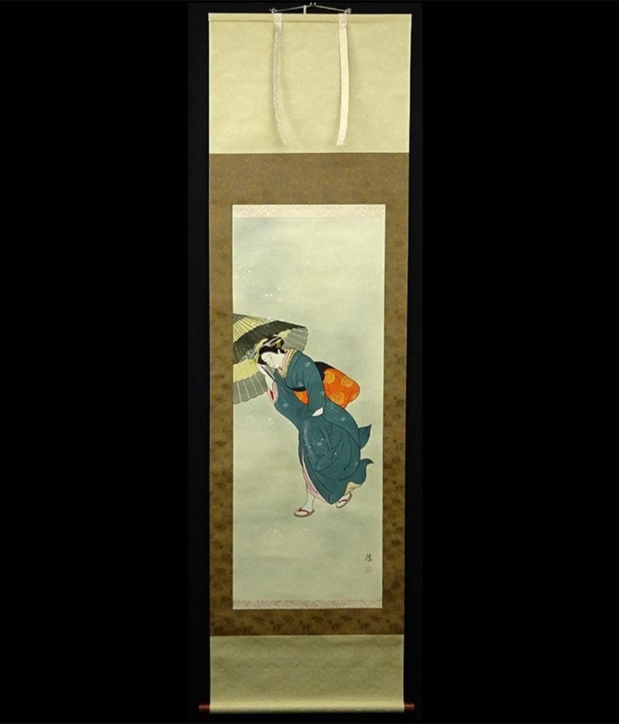 掛軸 淳『美人図 冬』日本画 絹本 肉筆 共箱付 掛け軸 w05275