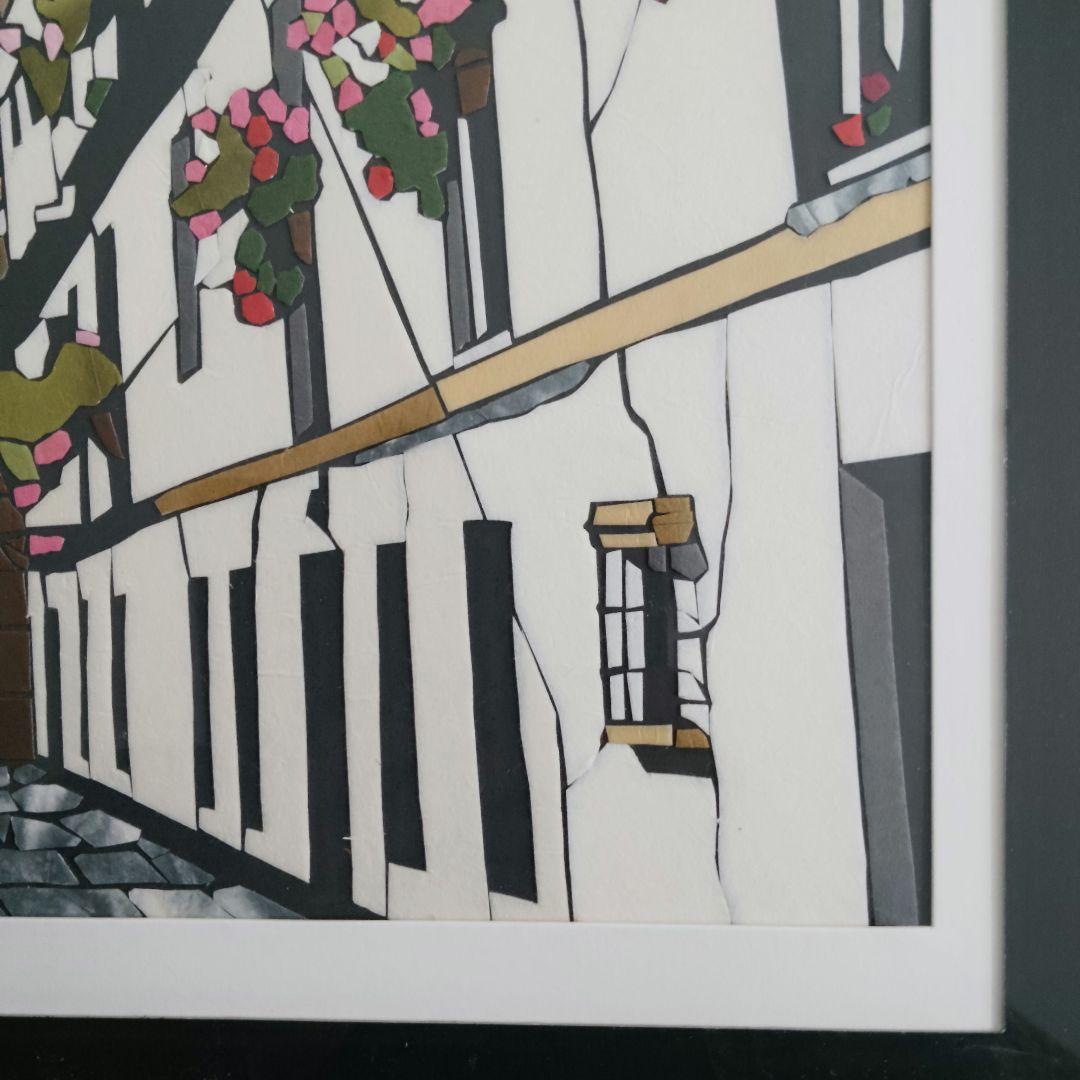 切り絵アート　スペインの街並み　海外風景画　貼り絵　額装　花のある街角