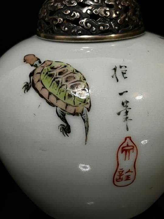 超絶優品 谷文晁 酒井抱一 合作 彩色亀図 青松堂造 純銀鶴彫火屋 香炉 茶道具