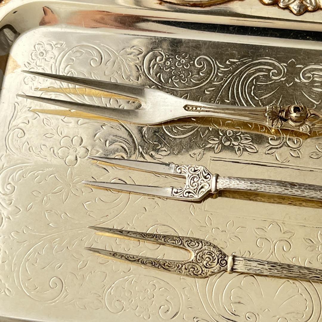 【ドイツ】 オードブルピック 3本【純銀】ヒルデスハイムローズ / パンジー