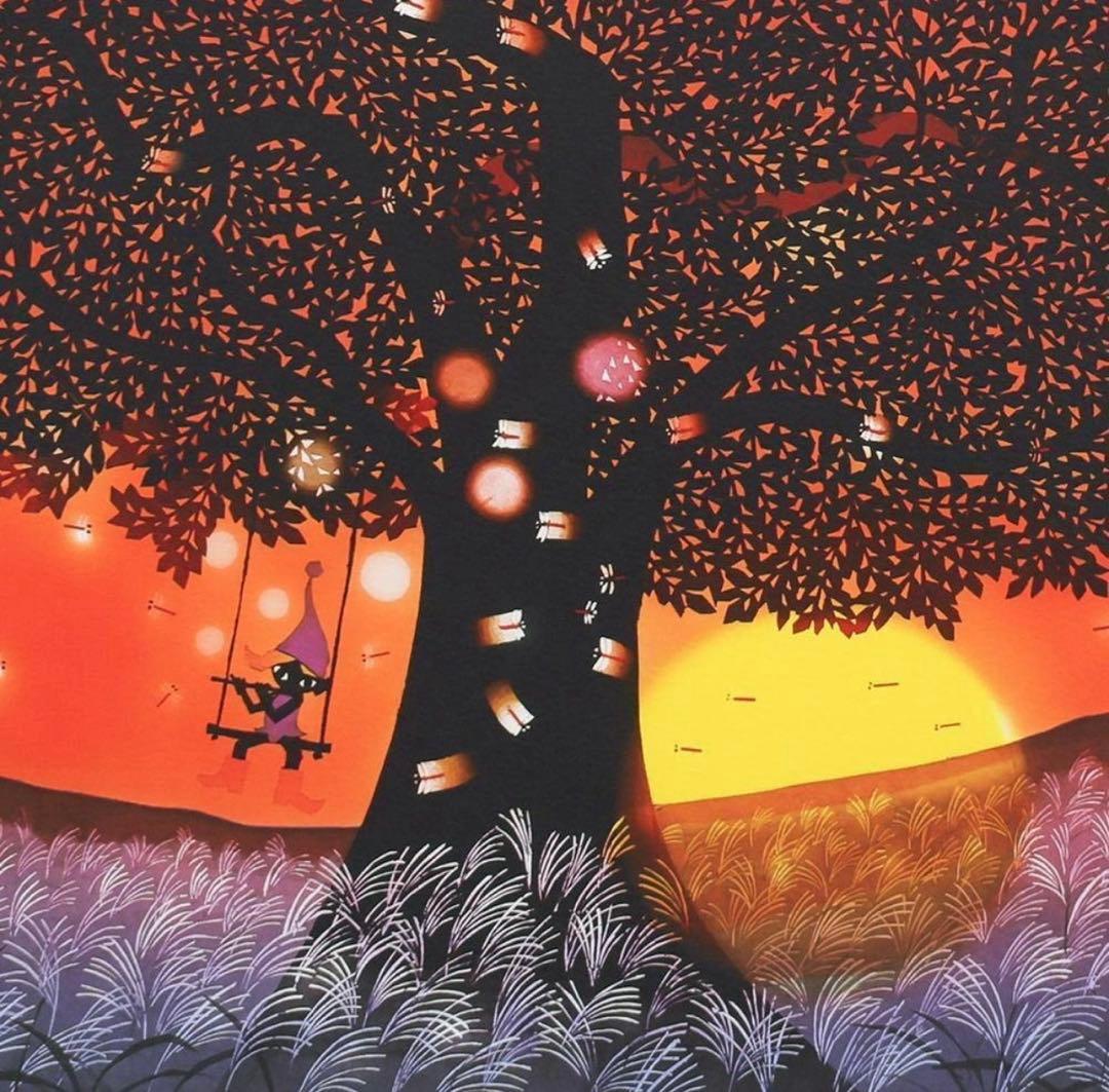 【真作】藤城清治「夕日の樹」リトグラフ 約6号 証明書付 証明シール